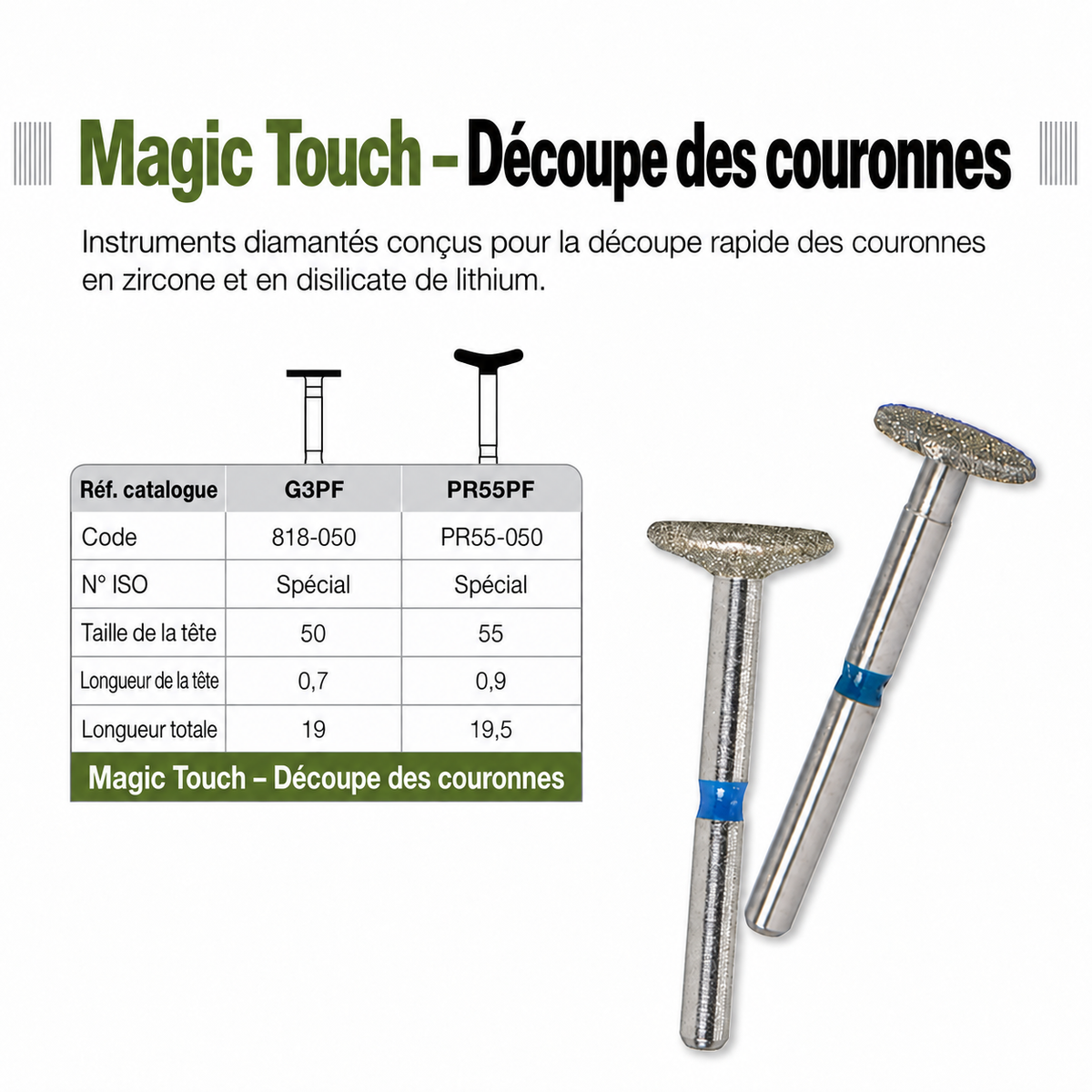 Magic Touch – Découpe des couronnes. Plaquette de 2 fraises
