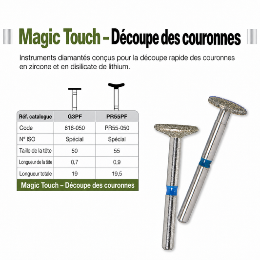 Magic Touch – Découpe des couronnes. Plaquette de 2 fraises