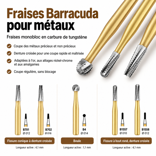 Fraises Barracuda en carbure de tungstène pour la découpe des métaux. Plaquette de 3 fraises